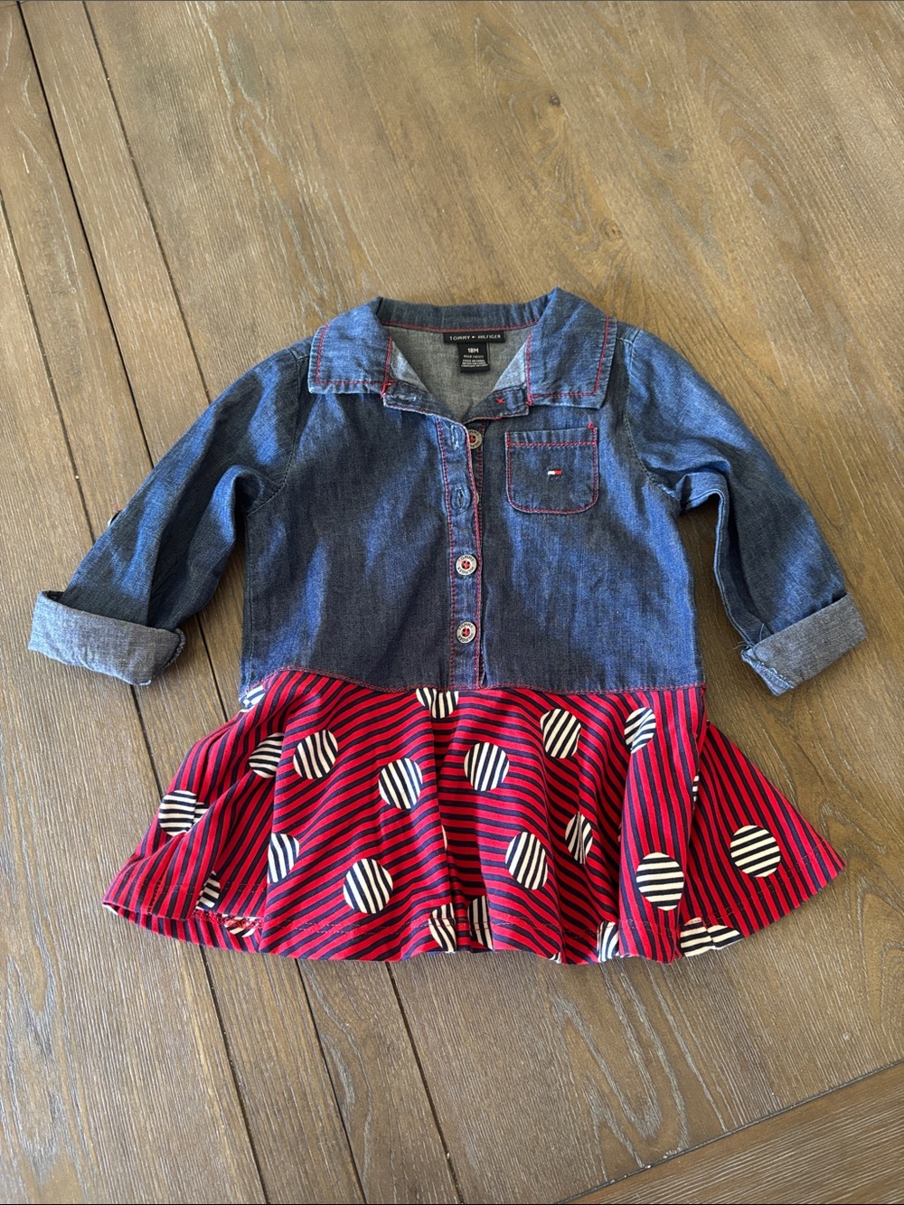 Tommy Hilfiger Denim Dress with Red and Navy Polka-Stripe